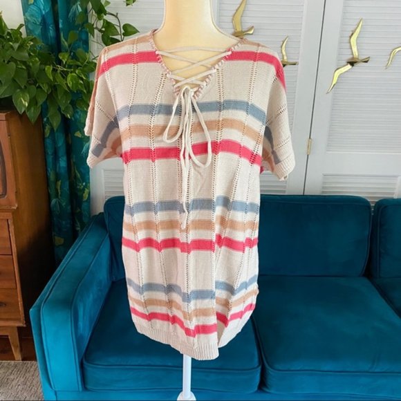 Easel | Lace It Striped Lace Up Sweater Tunic Top Oatmeal Bohemian Boho Small - Picture 3 of 14